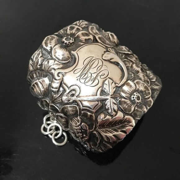 Floral Sterling Silver 925 Wide Cuff Bracelet Victorian Bouquet Art Nouveau - Picture 3 of 10